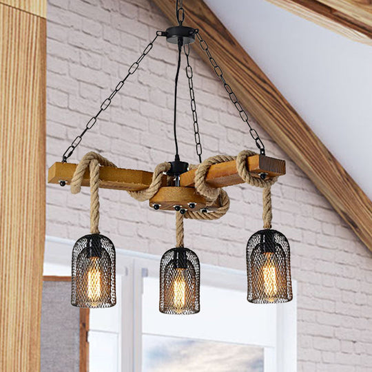 Stylish Lodge Pendant Lighting: Wood And Rope Ceiling Fixture With Wire Mesh 3/6 Lights Brown Base