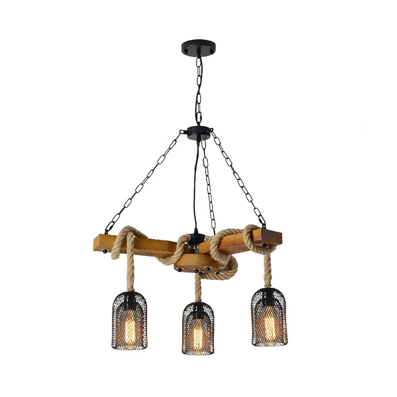 Stylish Lodge Pendant Lighting: Wood And Rope Ceiling Fixture With Wire Mesh 3/6 Lights Brown Base