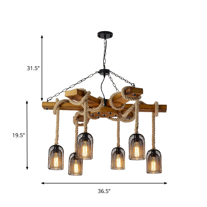 Stylish Lodge Pendant Lighting: Wood And Rope Ceiling Fixture With Wire Mesh 3/6 Lights Brown Base