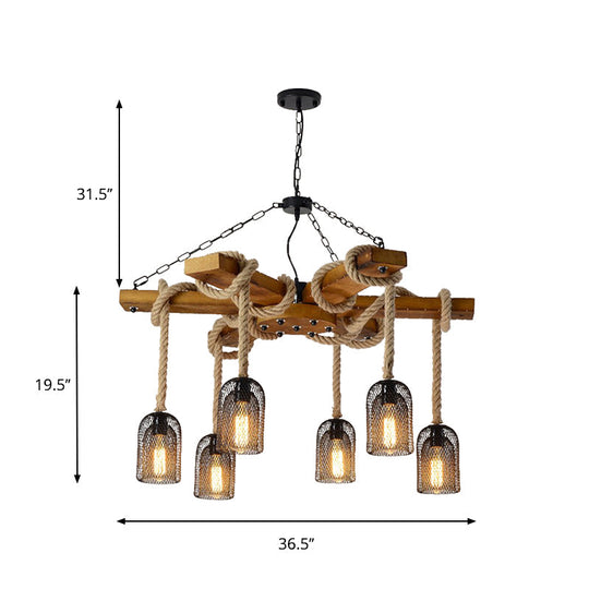 Stylish Lodge Pendant Lighting: Wood And Rope Ceiling Fixture With Wire Mesh 3/6 Lights Brown Base