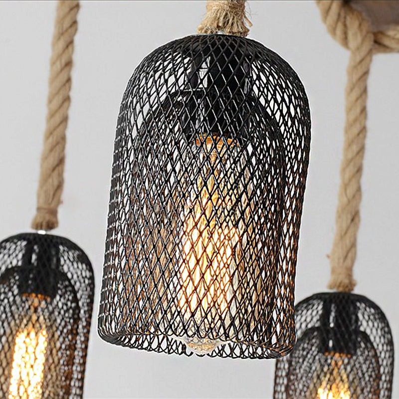 Stylish Lodge Pendant Lighting: Wood And Rope Ceiling Fixture With Wire Mesh 3/6 Lights Brown Base