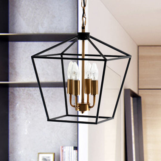Industrial Black Chandelier With 4 Cage Metal Pendant Lights