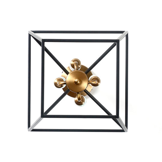 Industrial Black Chandelier With 4 Cage Metal Pendant Lights