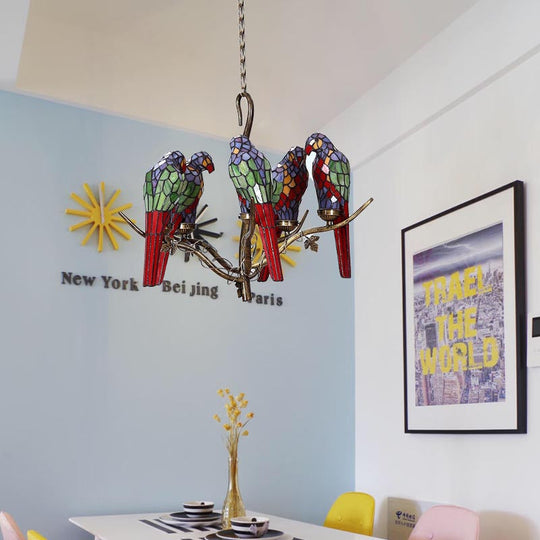 Green Parrot Chandelier - 5-Light Cut Glass Suspension Lamp For Living Room