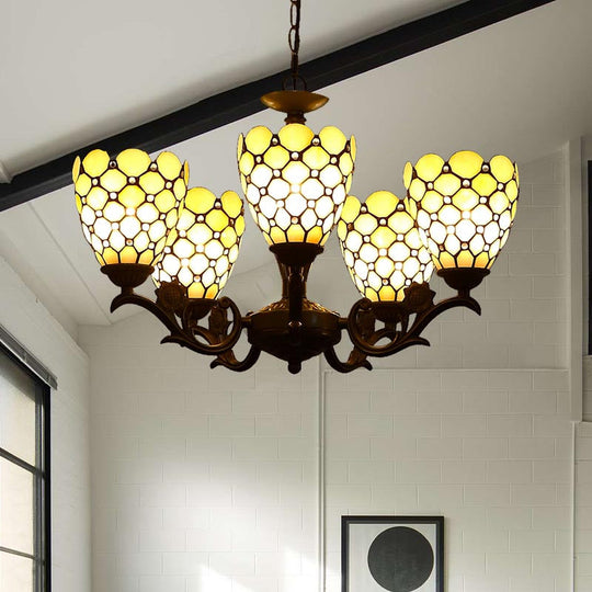 Tiffany Style Beige Glass Chandelier 5-Light Fixture With Black Suspension