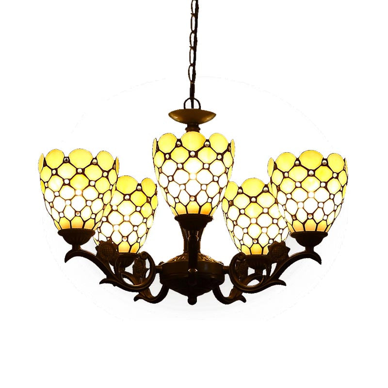 Tiffany Style Beige Glass Chandelier 5-Light Fixture With Black Suspension