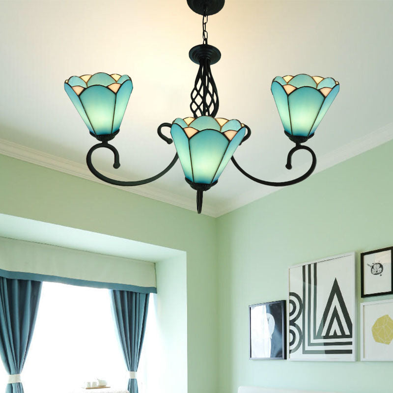 Baroque Black Cone Chandelier With 5/6/8 White/Blue Glass Drop Lights For Living Room