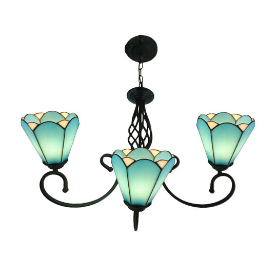 Baroque Black Cone Chandelier With 5/6/8 White/Blue Glass Drop Lights For Living Room