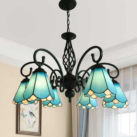 Baroque Black Cone Chandelier Lamp With White/Blue Glass Drop Pendants - 5/6/8 Lights For Living