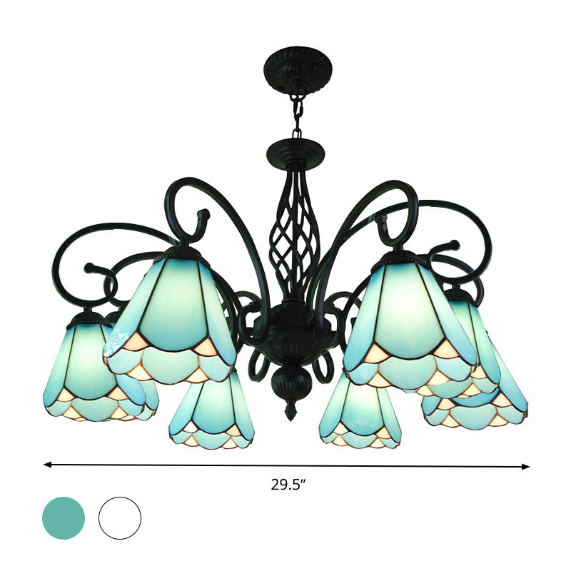 Baroque Black Cone Chandelier With 5/6/8 White/Blue Glass Drop Lights For Living Room