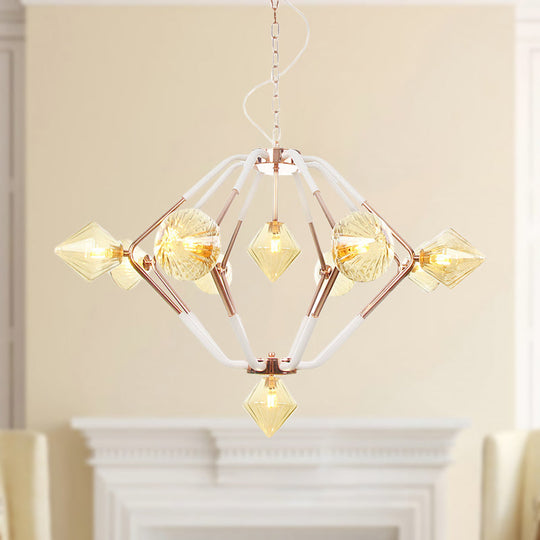 Modern Rose Gold Led Chandelier With Diamond Amber Glass Shade - 10 Lights Bedroom Lighting