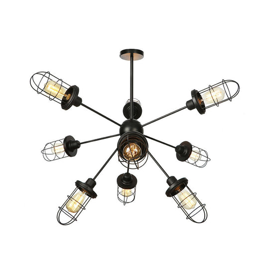 Farmhouse Style Iron Caged Chandelier - 9/12/15 Lights Sputnik Design Black Finish