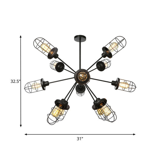 Farmhouse Style Iron Caged Chandelier - 9/12/15 Lights Sputnik Design Black Finish