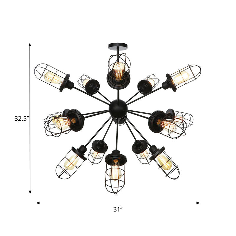 Farmhouse Style Iron Caged Chandelier - 9/12/15 Lights Sputnik Design Black Finish