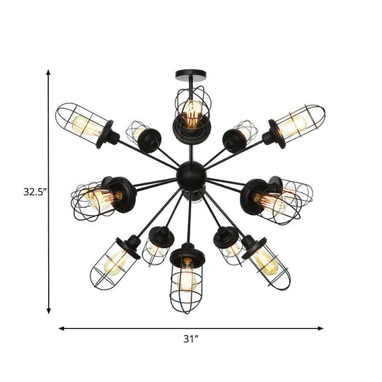 Farmhouse Style Iron Caged Chandelier - 9/12/15 Lights Sputnik Design Black Finish
