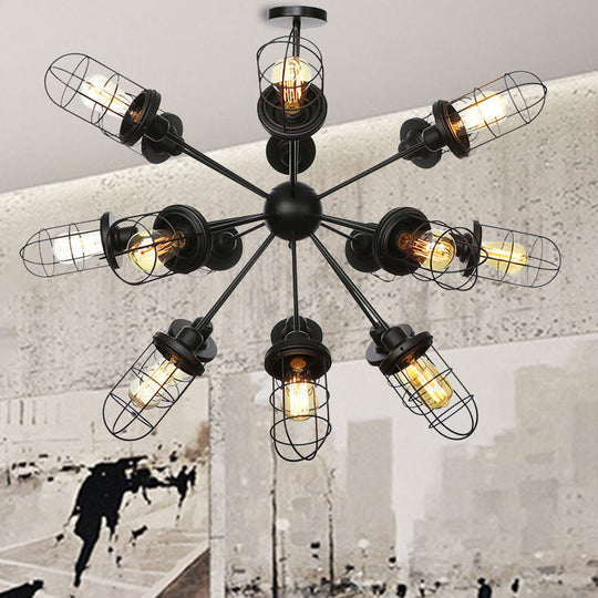 Farmhouse Style Iron Caged Chandelier - 9/12/15 Lights Sputnik Design Black Finish 18 /
