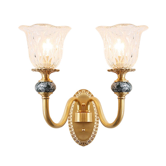 Vintage Brass Flower Bedroom Led Wall Sconce With Clear Glass - Mounted Lighting