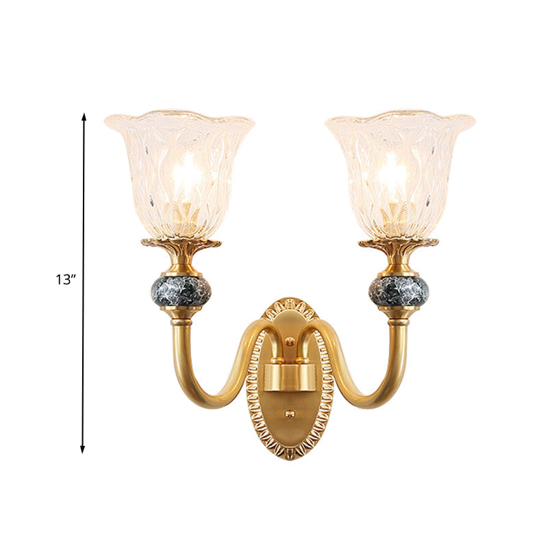 Vintage Brass Flower Bedroom Led Wall Sconce With Clear Glass - Mounted Lighting