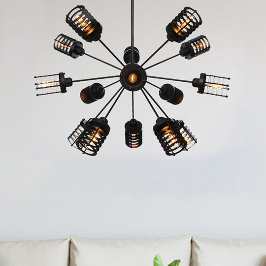 Vintage Black Chandelier Light: Starburst Metal With 9/12/15 Heads & Cylinder Frame Shade For
