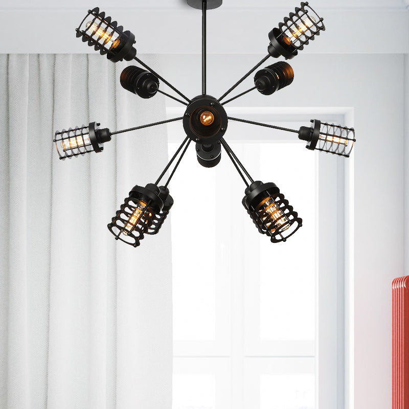 Vintage Black Chandelier Light: Starburst Metal With 9/12/15 Heads & Cylinder Frame Shade For