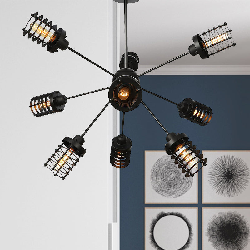 Vintage Black Chandelier Light: Starburst Metal With 9/12/15 Heads & Cylinder Frame Shade For