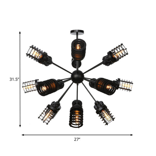Vintage Black Chandelier Light: Starburst Metal With 9/12/15 Heads & Cylinder Frame Shade For