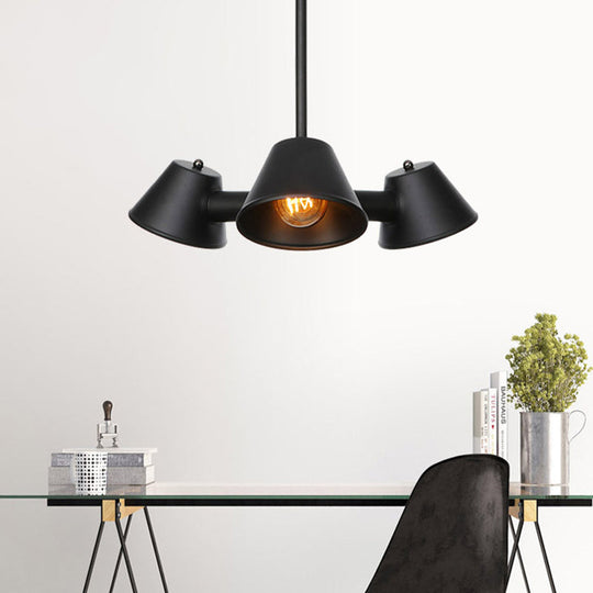 Stylish Black Industrial Chandelier With Conical Metal Shade - 3 Lights Indoor Ceiling Lamp