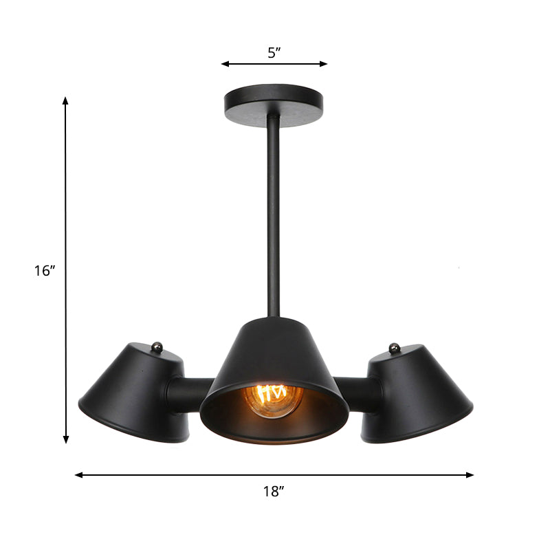 Stylish Black Industrial Chandelier With Conical Metal Shade - 3 Lights Indoor Ceiling Lamp