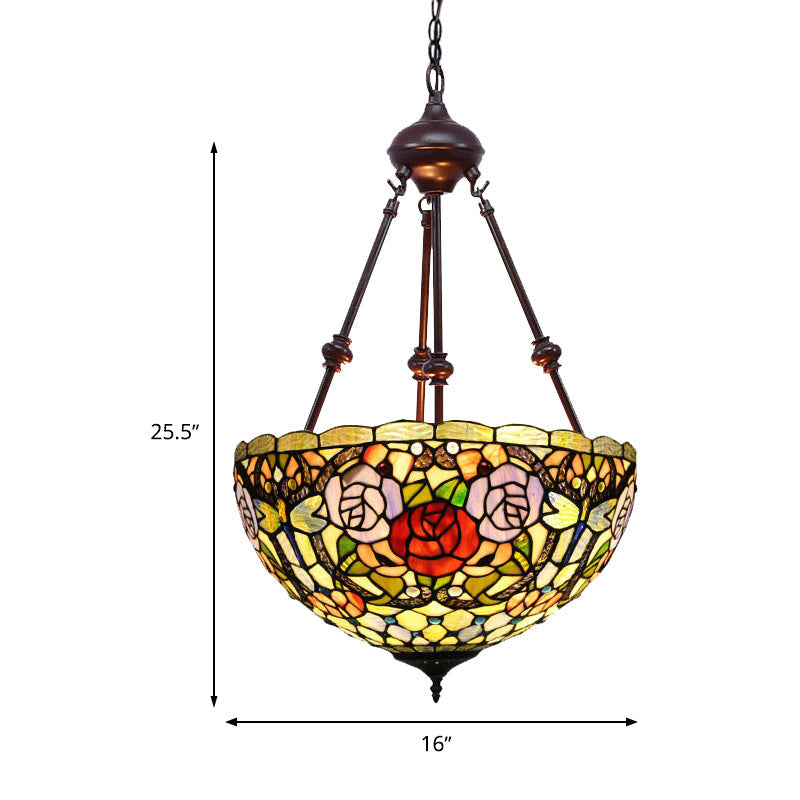 Tiffany Style 2-Light Flower Bush Chandelier Lamp With Stained Glass Pendant - Red/Yellow/Purple