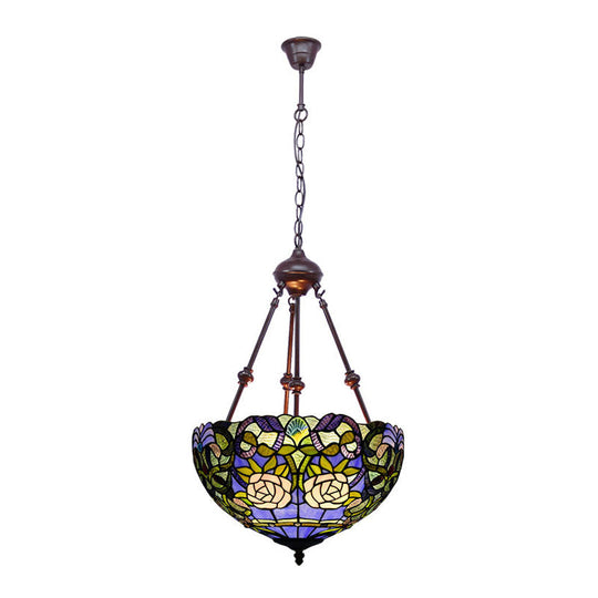 Tiffany Inspired 2-Light Flower Bush Chandelier Pendant Lamp In Red/Yellow/Purple Stained Glass
