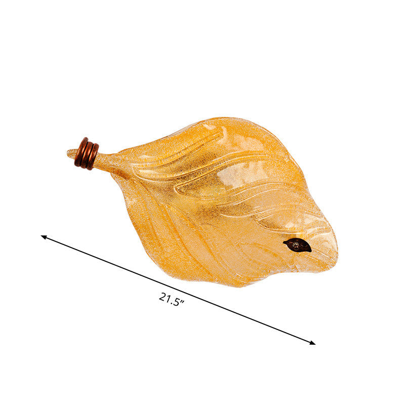 Countryside Leaf Shaped Ceiling Flush Mount Yellow Glass Hallway Light Fixture With 2 Lights