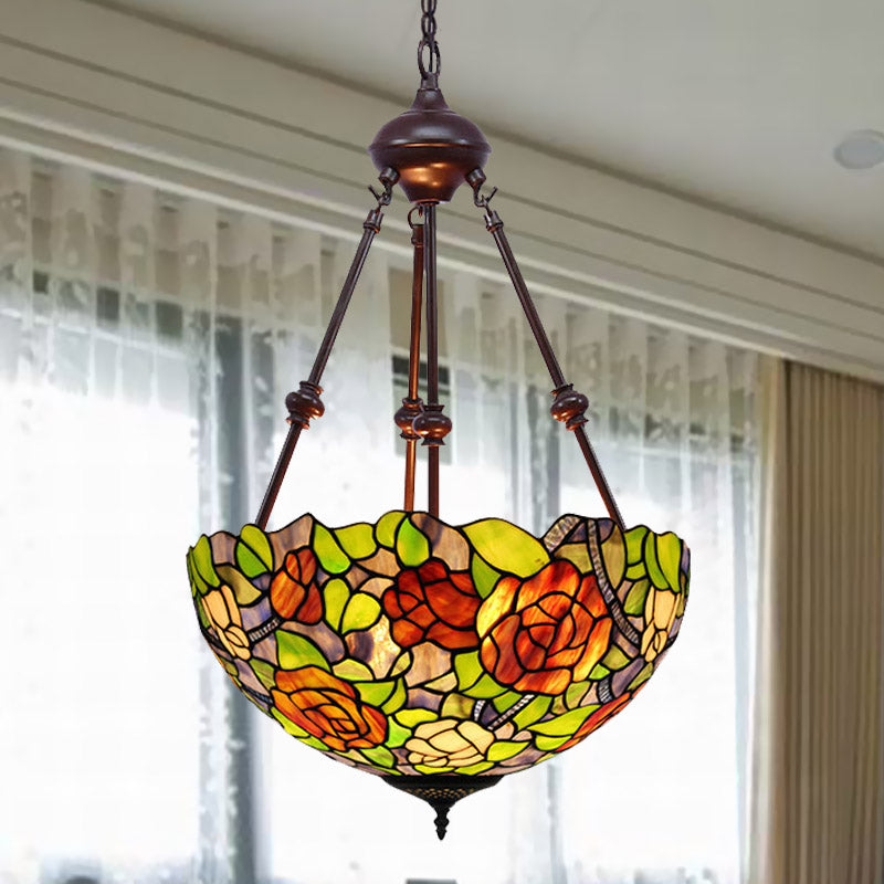 Mediterranean Stained Glass Bowl Ceiling Chandelier With 2 Red/Yellow/Green Pendant Lights