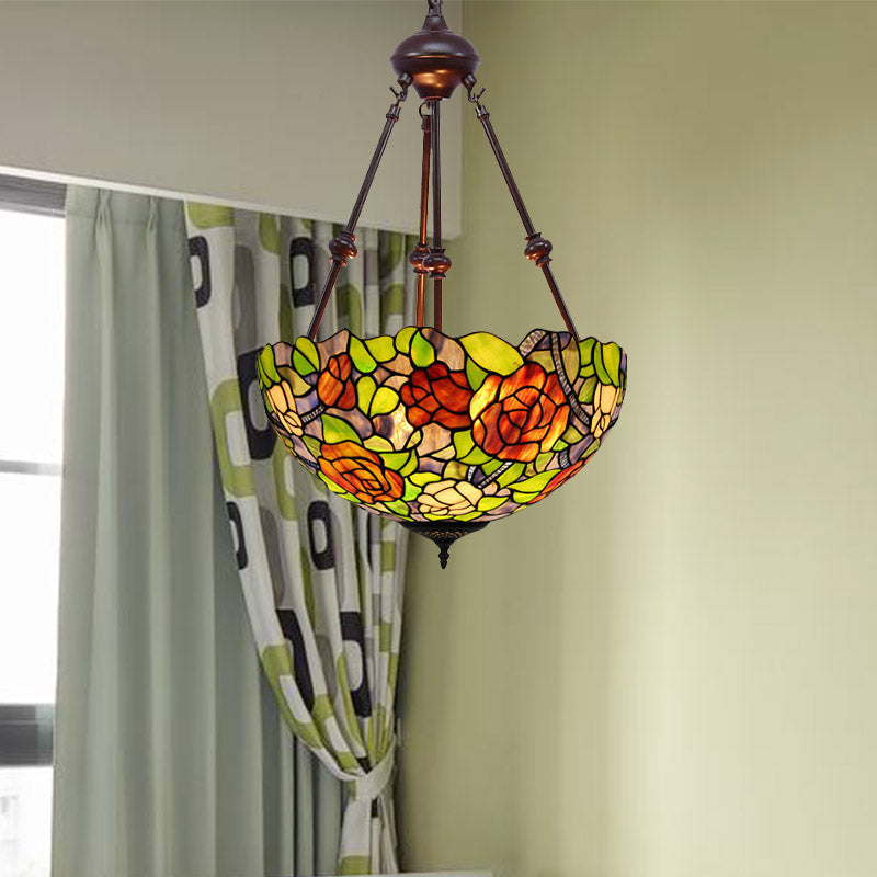 Mediterranean Stained Glass Bowl Ceiling Chandelier With 2 Red/Yellow/Green Pendant Lights
