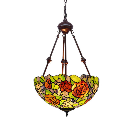 Mediterranean Stained Glass Bowl Ceiling Chandelier With 2 Red/Yellow/Green Pendant Lights