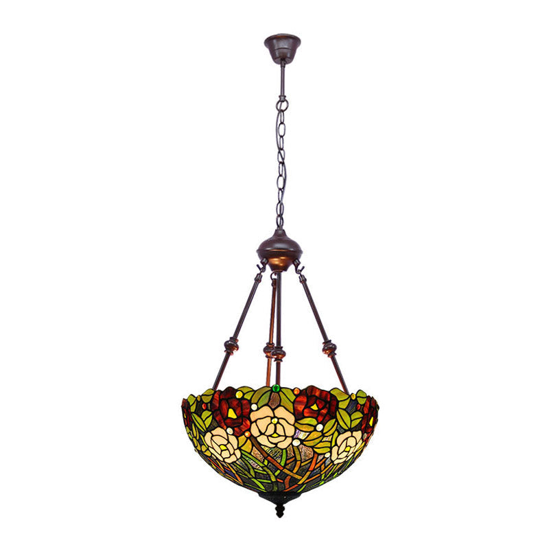 Mediterranean Stained Glass Bowl Ceiling Chandelier With 2 Red/Yellow/Green Pendant Lights