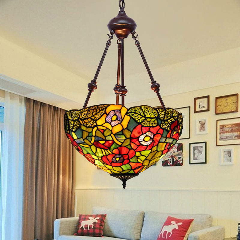 Mediterranean Stained Glass Bowl Ceiling Chandelier With 2 Red/Yellow/Green Pendant Lights