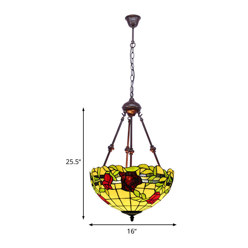 Mediterranean Stained Glass Bowl Ceiling Chandelier With 2 Red/Yellow/Green Pendant Lights