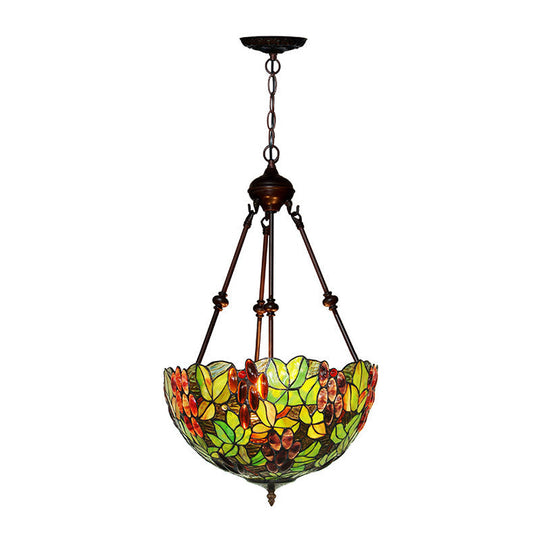 Victorian Green Ceiling Pendant Chandelier With Stained Glass Shade - 2/3 Lights