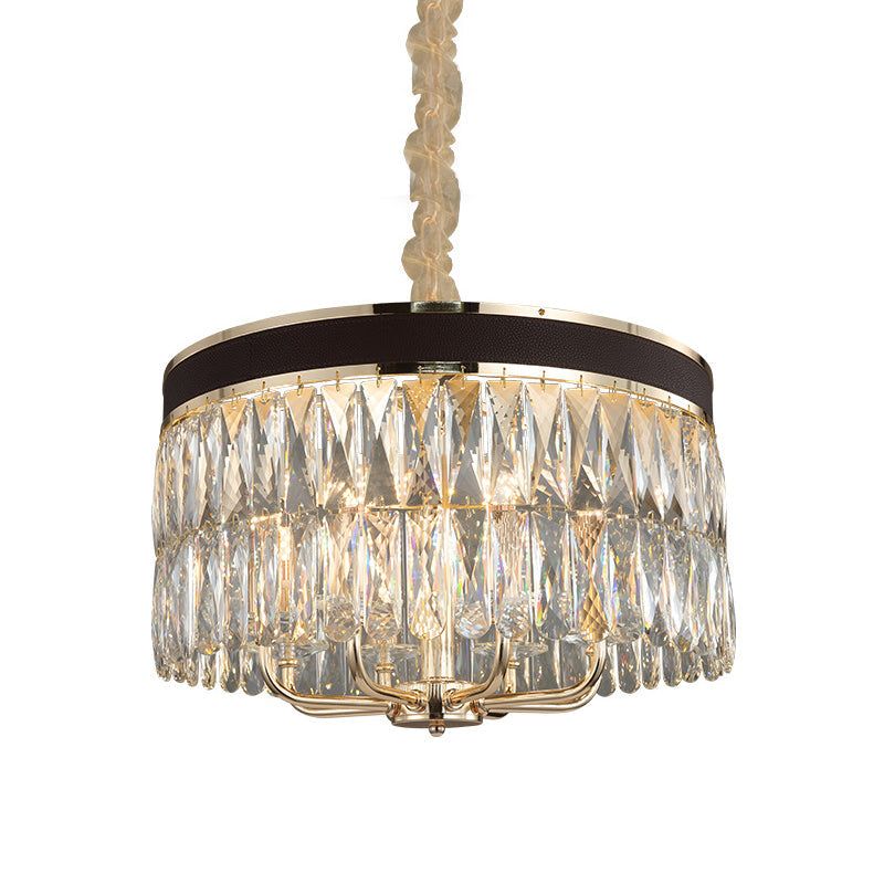 Modern Drum Chandelier With Faceted Crystal 8 Bulbs Pendant Light In Black-Gold Finish
