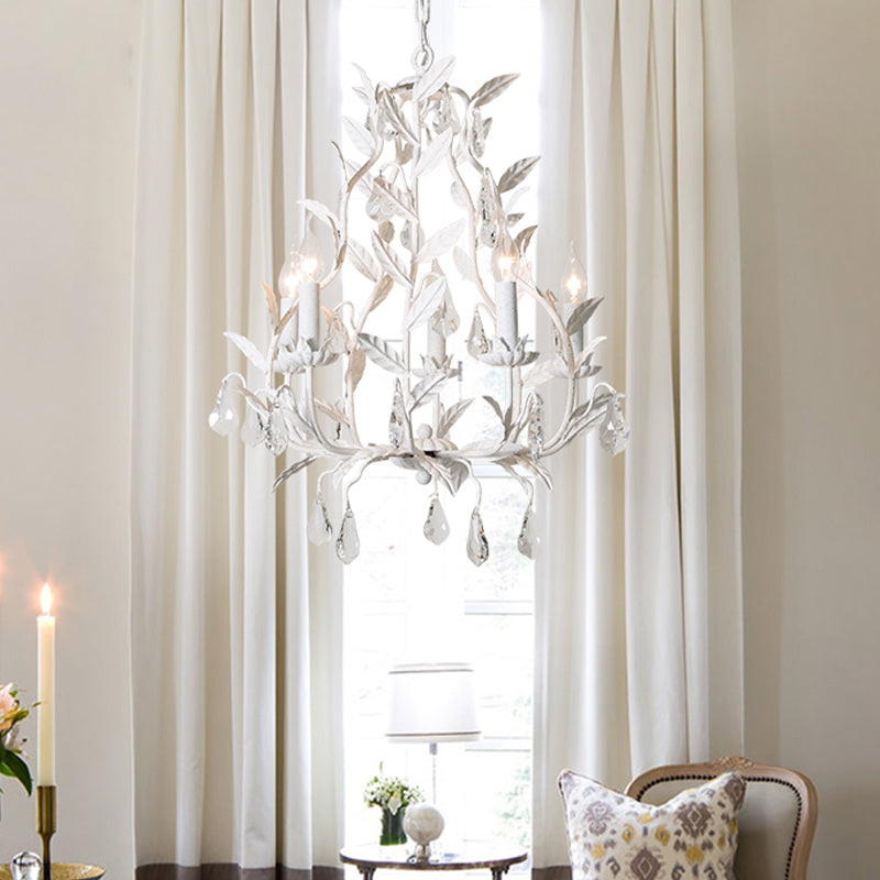 Modern Metal Leaf Chandelier With Crystal Drop - 5 Bulb Lighting Fixture In Grey/Distressed White