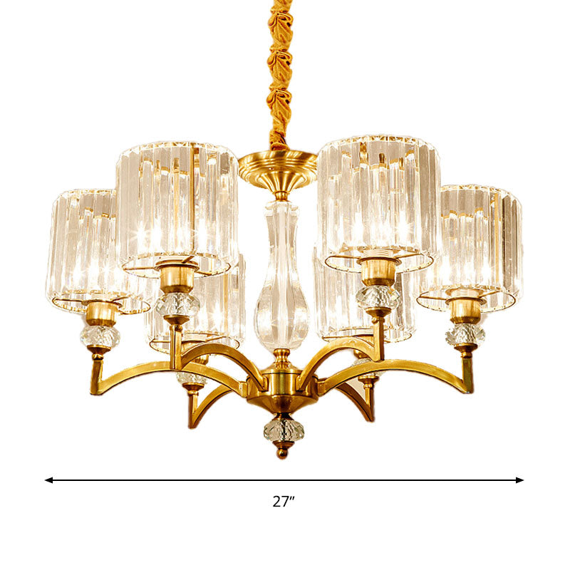Contemporary Faceted Crystal Cylinder Chandelier - Brass Ceiling Pendant Light With 3/6/8 Bulbs