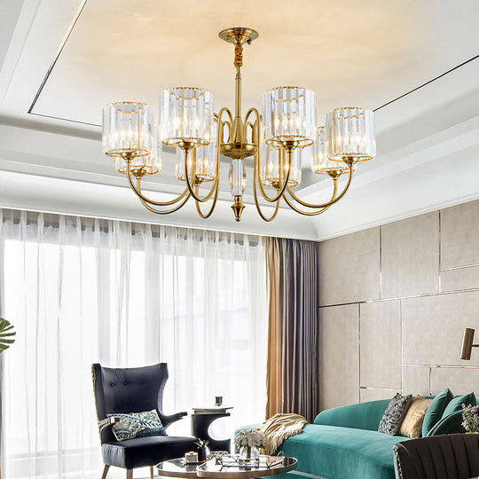 Contemporary Brass Cylinder Ceiling Chandelier With Crystal Facets - 3/5/6 Head Pendant Light