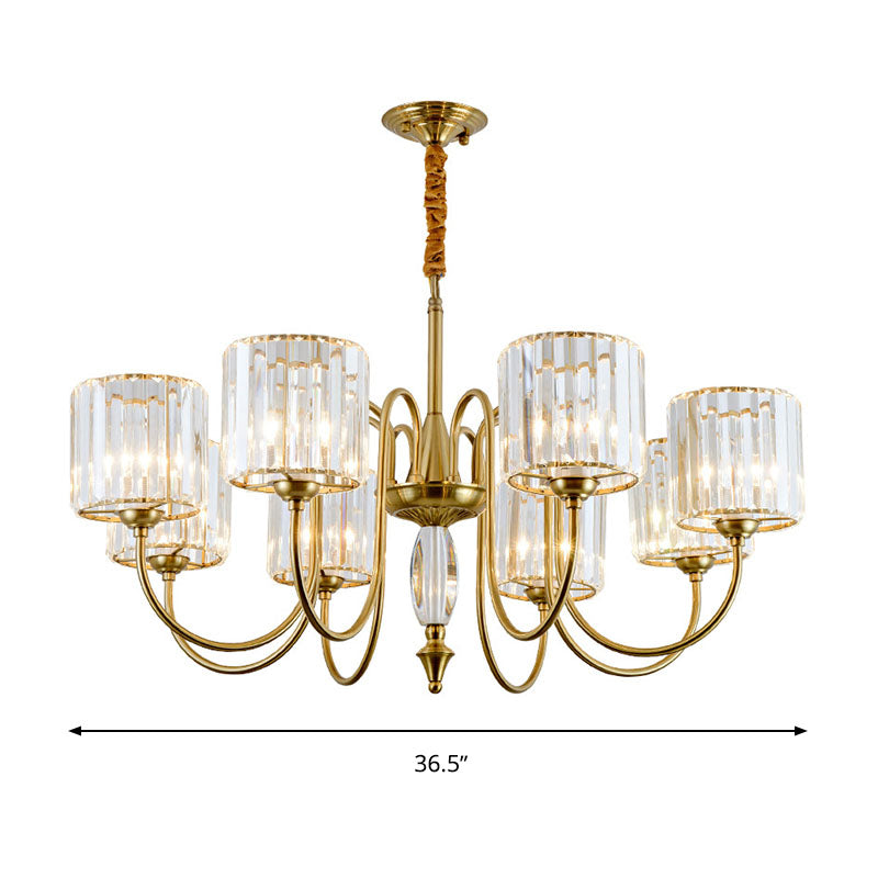 Contemporary Brass Cylinder Ceiling Chandelier With Crystal Facets - 3/5/6 Head Pendant Light