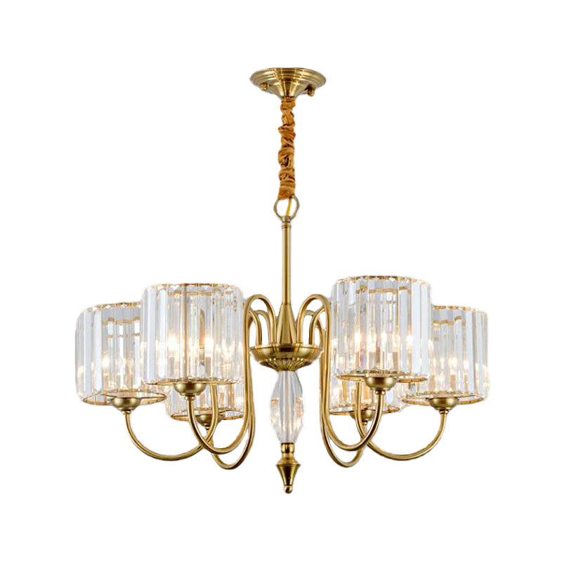 Contemporary Brass Cylinder Ceiling Chandelier With Crystal Facets - 3/5/6 Head Pendant Light