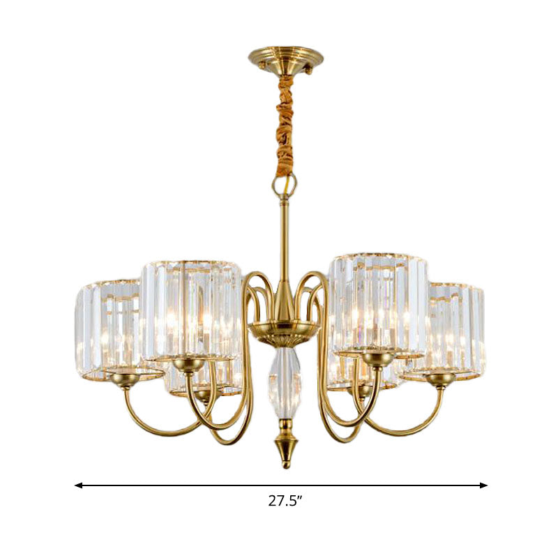 Contemporary Brass Cylinder Ceiling Chandelier With Crystal Facets - 3/5/6 Head Pendant Light