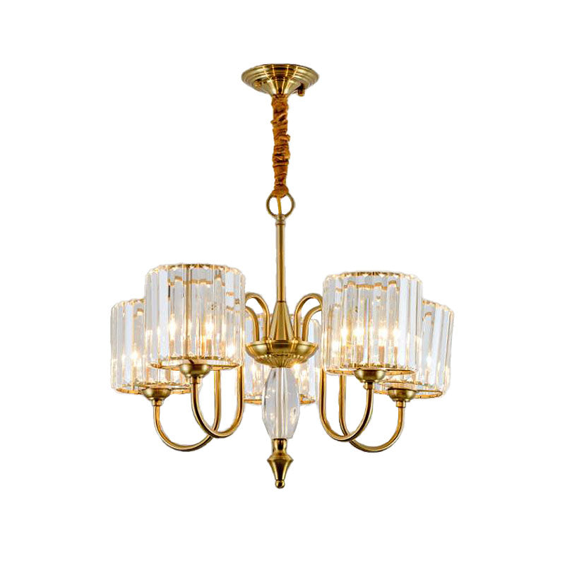 Contemporary Brass Cylinder Ceiling Chandelier With Crystal Facets - 3/5/6 Head Pendant Light