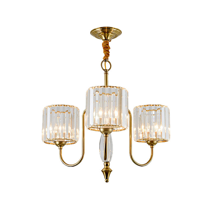 Contemporary Brass Cylinder Ceiling Chandelier With Crystal Facets - 3/5/6 Head Pendant Light