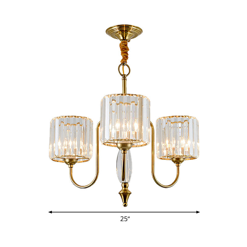 Contemporary Brass Cylinder Ceiling Chandelier With Crystal Facets - 3/5/6 Head Pendant Light