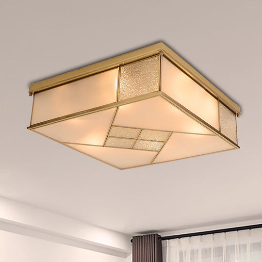 Classic Brass Flush Mount Ceiling Light With Frosted Glass Panel Shade - 4/6 Lights Bedroom Fixture
