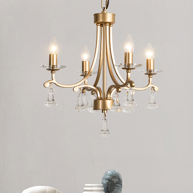 Modern Brass Starburst Chandelier - 4 Bulb Metal Pendant Light With Crystal Drop